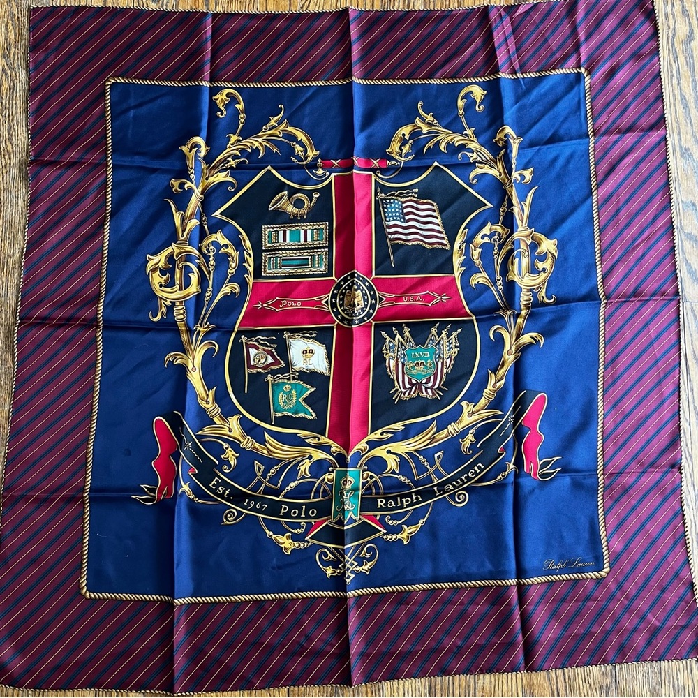 Vintage Ralph Lauren Blue & Burgundy Crest Silk Scarf - USA - American Flag